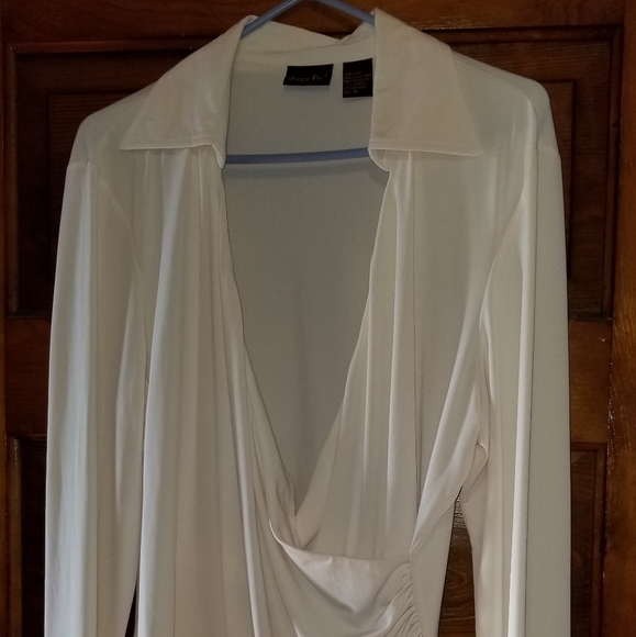 Shape FX Tops - Crossover knit cream colored blouse with collar